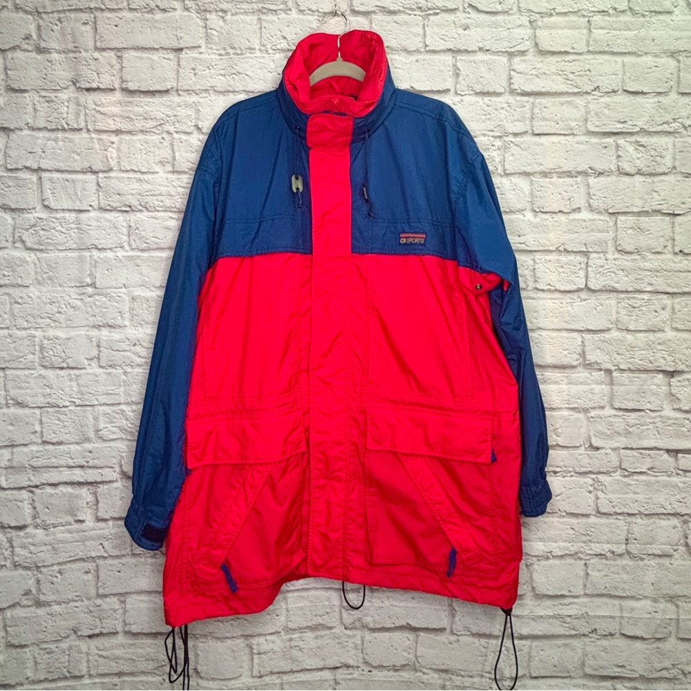 VTG CB Sports Mens Windbreaker Raincoat Size XL Packed Hood Zip Blue Red NWOT